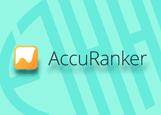 Bright, teal background with a subtle pattern. A yellow square logo with a white wave next to bold, black text reading "AccuRanker," conveying a modern, professional tone.