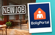 Split-layout announcement graphic showing a modern office interior with red brick walls, large industrial windows, glass partitions, wooden desks, and herringbone flooring. Over the office background, a bold white outlined label reads “NEW JOB.” On the right side, a deep blue panel displays the BoligPortal logo, featuring an orange house-shaped icon with a white person symbol and the text “BoligPortal”.