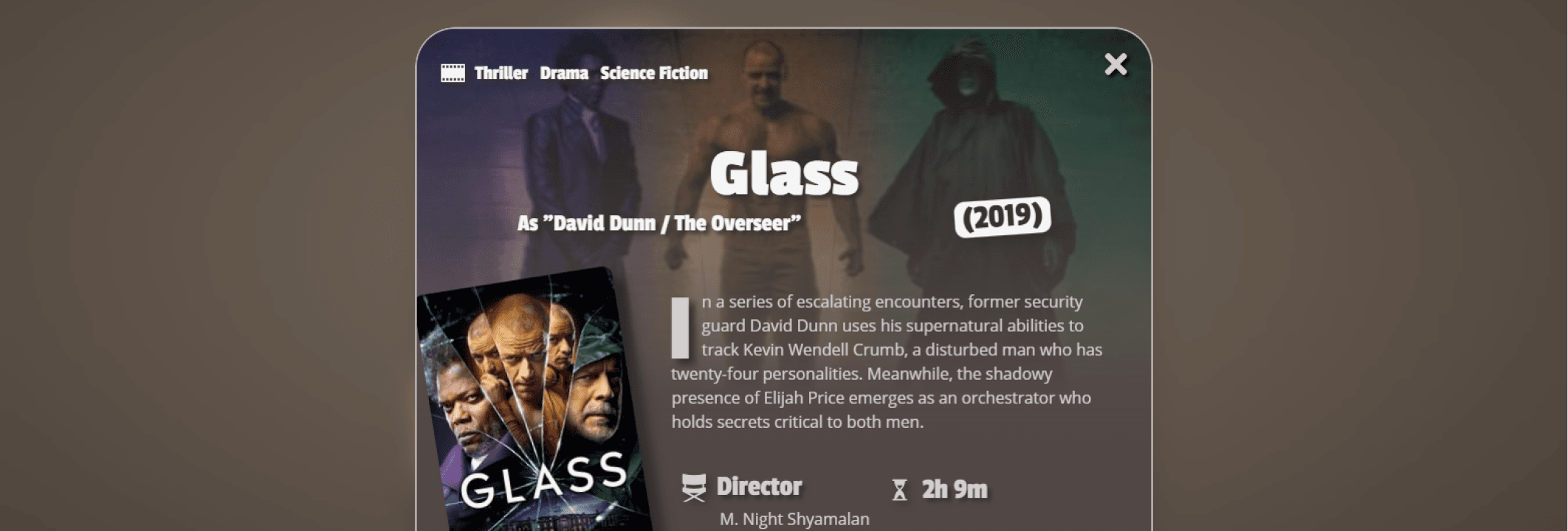 App Screenshot featuring a Movie poster with the title "Glass" prominently displayed in bold letters against a dramatic background