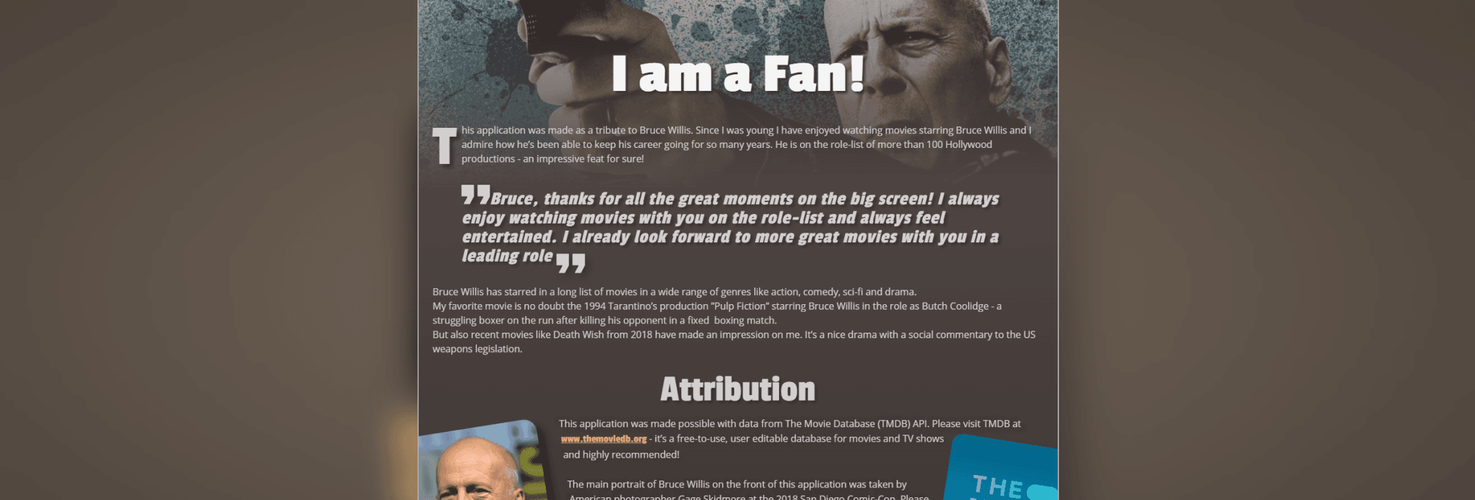 Eye-catching screenshot from a webapp’s attribution page, showcasing appealing visuals and a headline stating: "I am a fan"