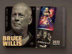 Sepia-toned image of Bruce Willis with movie posters for "Cosmic Sin" and "Breach" on the right. Text reads "Bruce Willis" and "2021 Cosmic Sin."