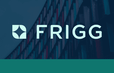 A modern logo with the word "FRIGG" in light blue against a dark, abstract background resembling a building facade, conveying innovation and sleekness.