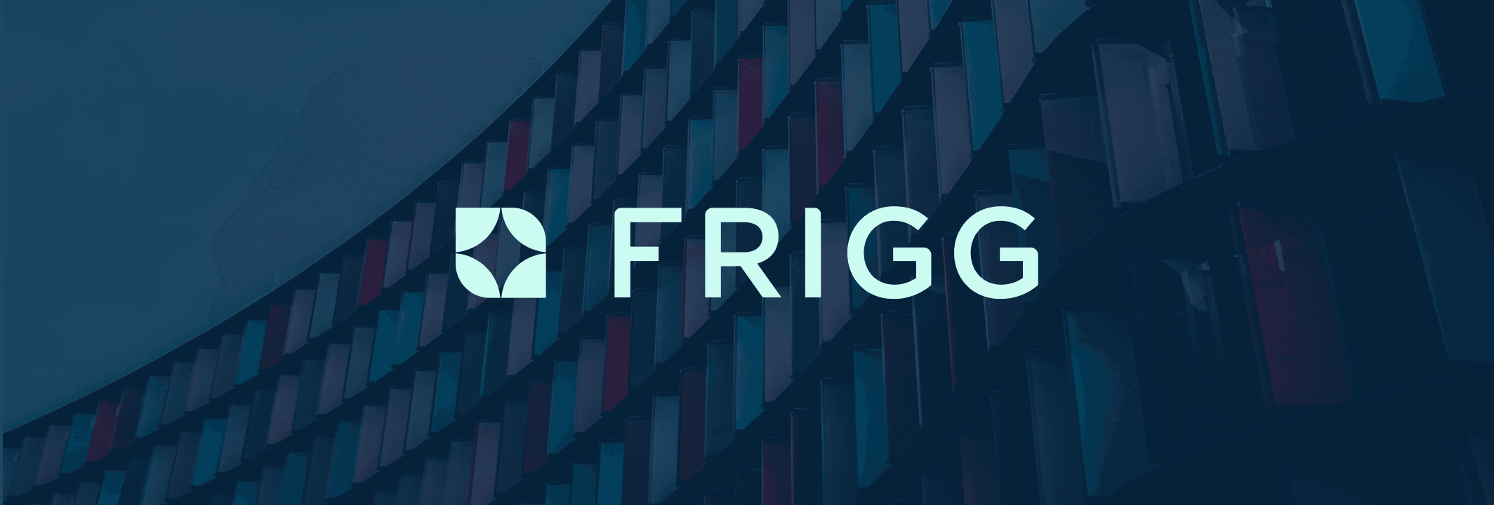 Light green Frigg Tech logo on dark blue background