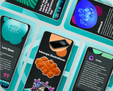 Multiple angled smartphone screens display vibrant graphics and text, including logos and abstract designs, against a turquoise grid background.