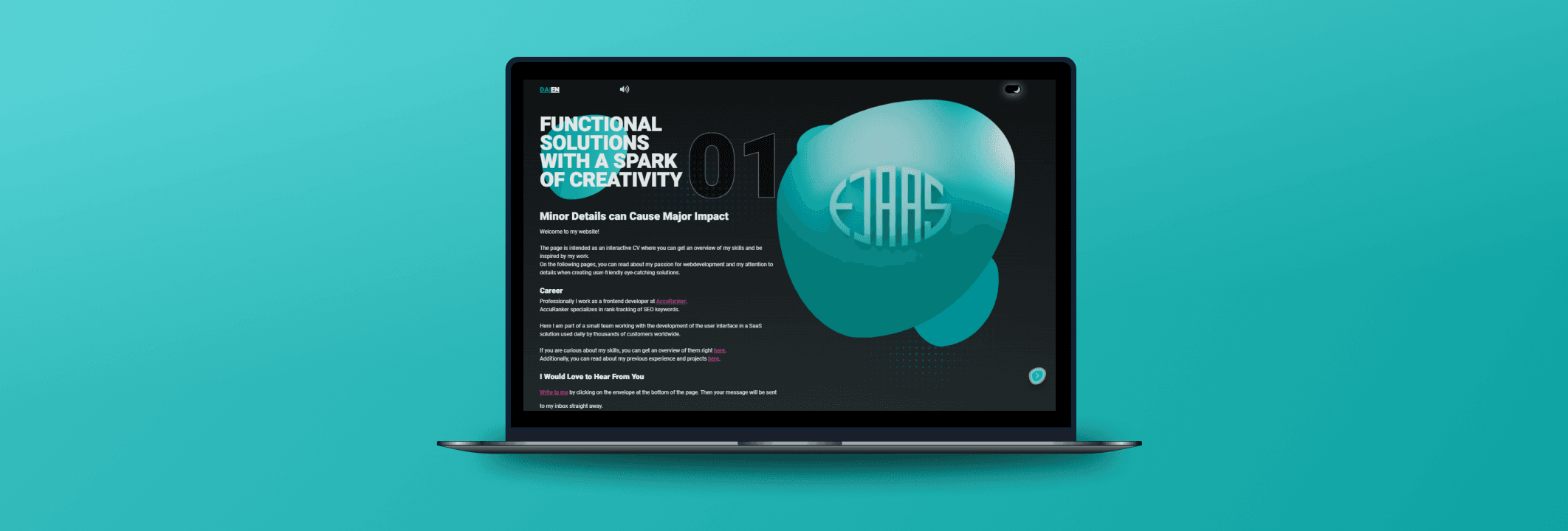 A laptop on a turquoise background with a screenshot from a webpage highlighting graphic design elements and the title: "Functional Solutions with a Spark of Creativity"