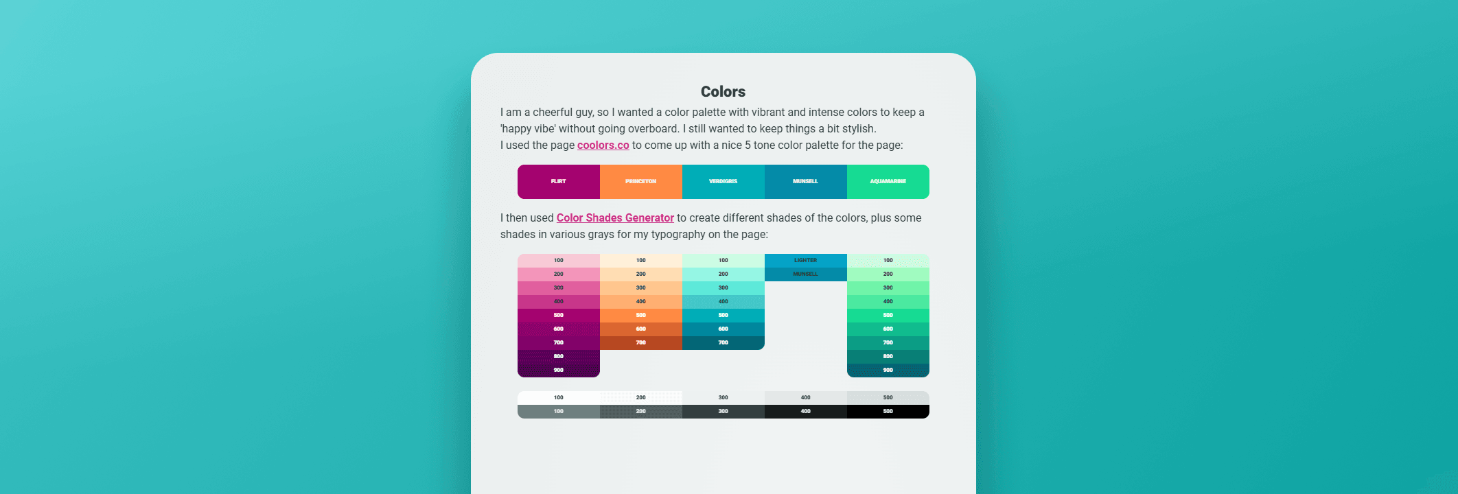 Screenshot of a vibrant color palette with various shades and hues for design selection presented on a turquise background