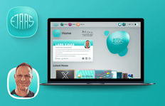 A laptop displays a turquoise-themed website for a frontend developer. Features include a profile picture, navigation icons, and a "Latest News" section.