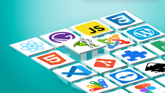 A grid of logos for web development tools and programming languages on a dark turquoise background.