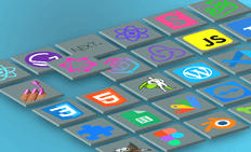 A grid of 3D tiles features various colorful technology logos, including React, JavaScript, HTML5, and WordPress, on a blue background, conveying a tech-savvy feel.